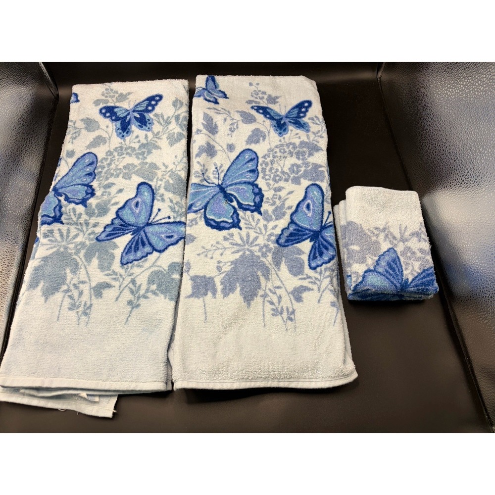 Butterfly Bath Towel/Washcloth/Blue/White/Cotton Vtg Retro MCM 70s